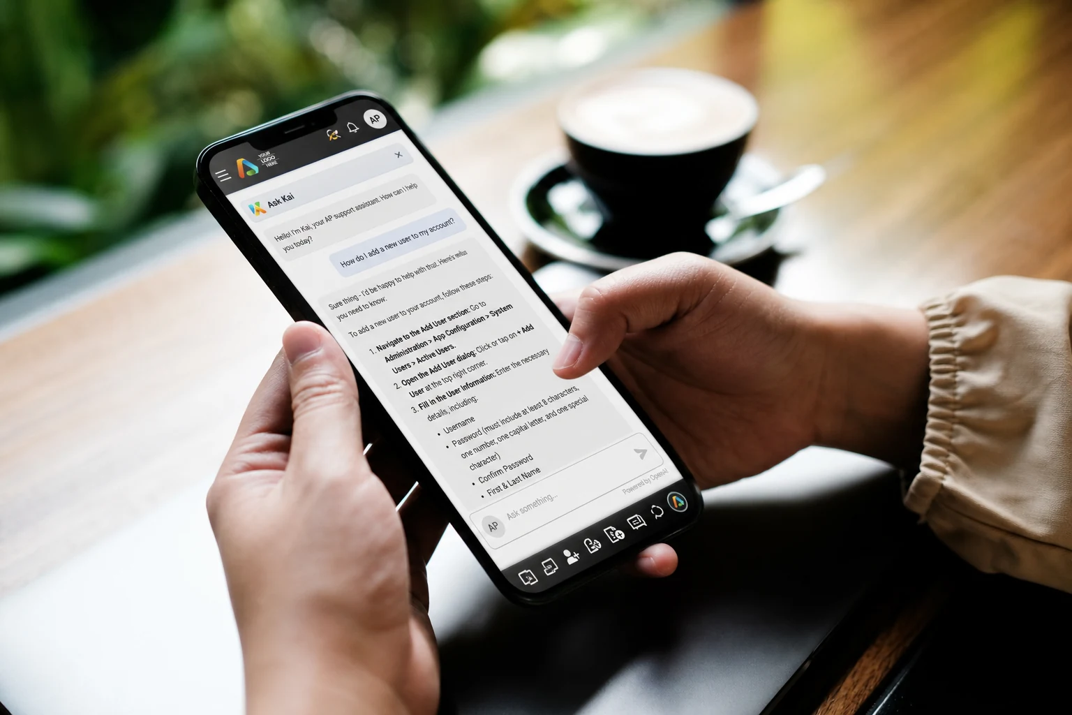 Ask Kai mobile support assistant on a phone